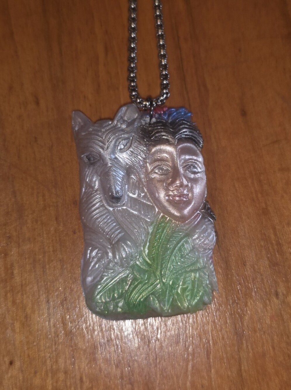 Native American Woman & Wolf Sculpted 3d Pendant Silver Stainless Steel Necklace